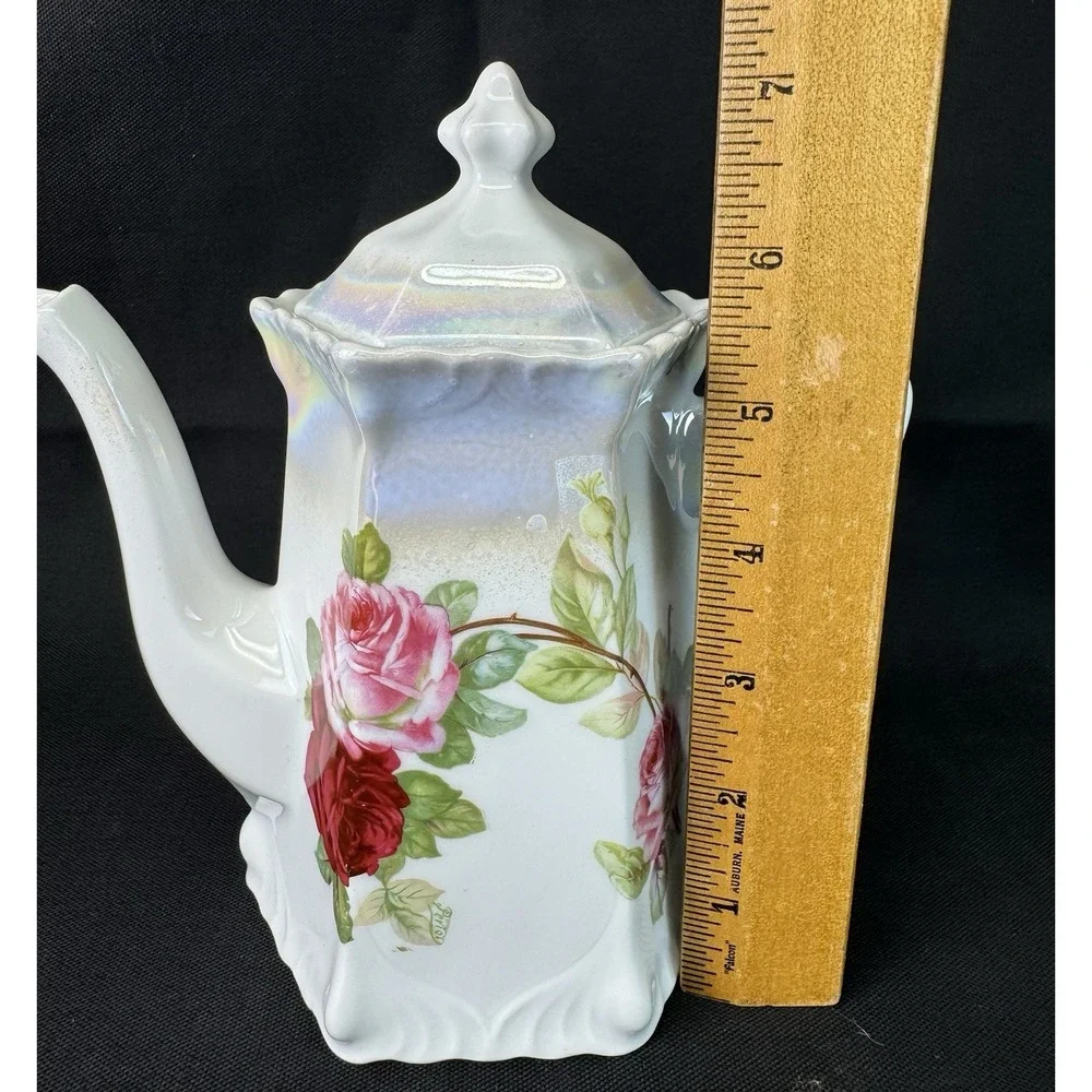 Antique German Blue Floral Glazed Porcelain Teapot Hexagonal Base 7